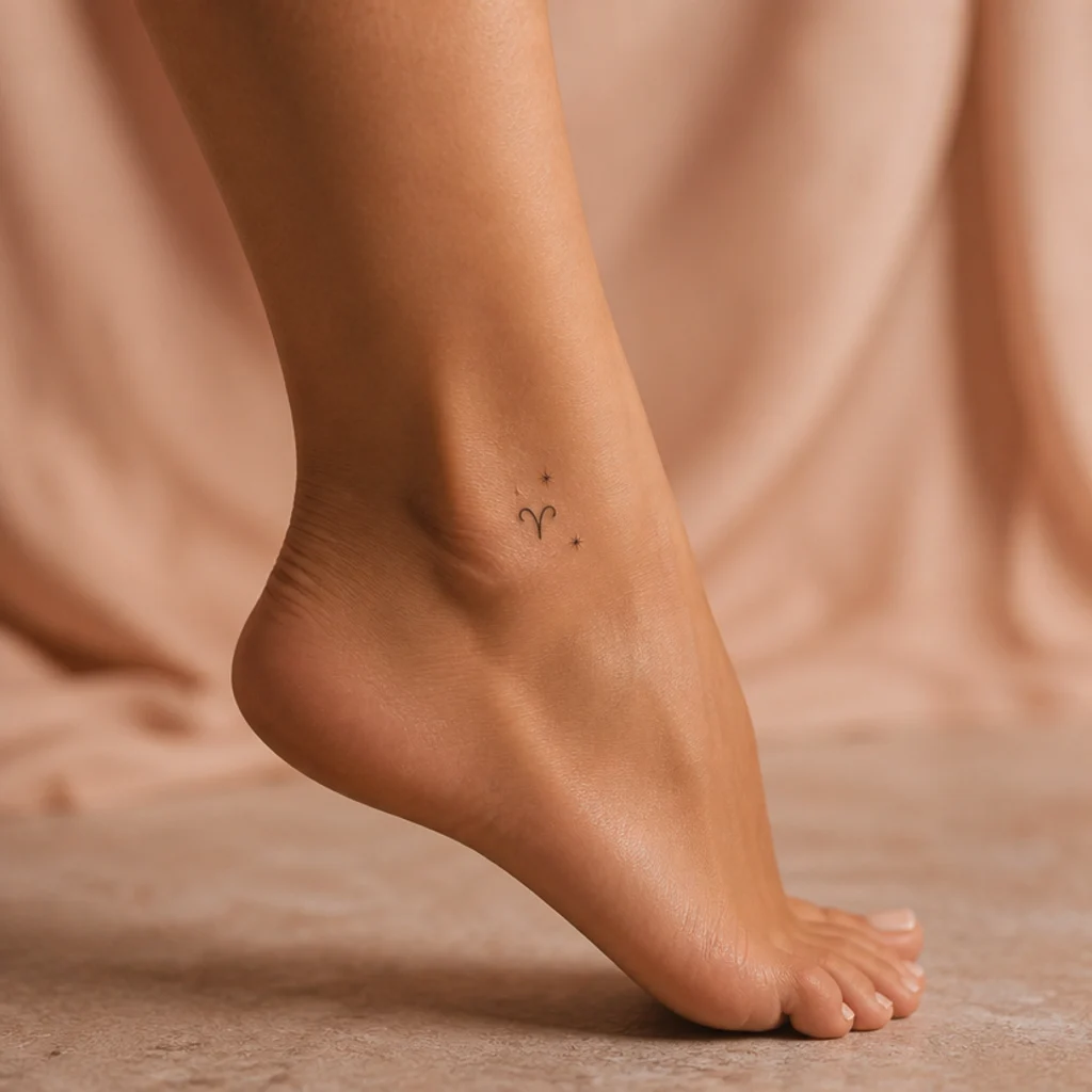 Small Aries glyph tattoo with three tiny scattered stars on a woman's ankle in soft studio light