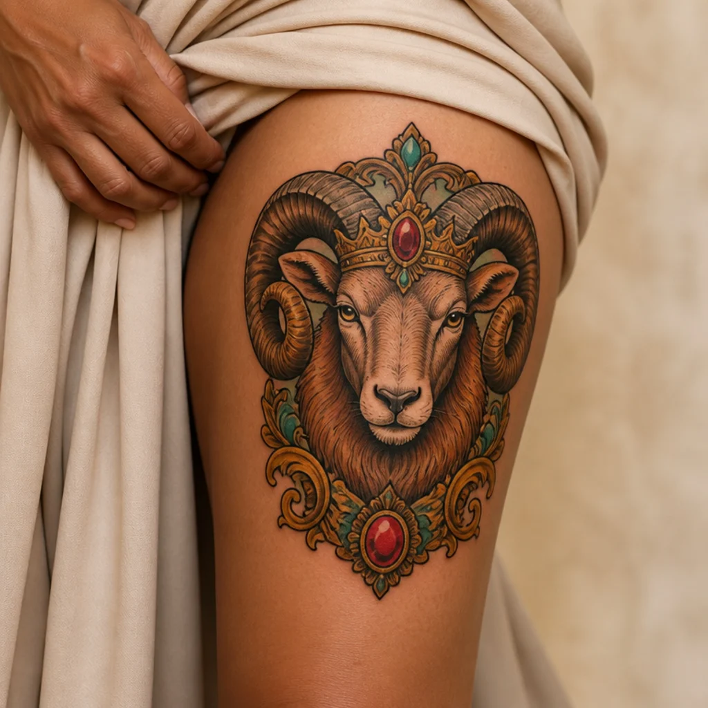 Neo-traditional Aries ram portrait tattoo with rich color, bold outlines and decorative detail on a woman's thigh