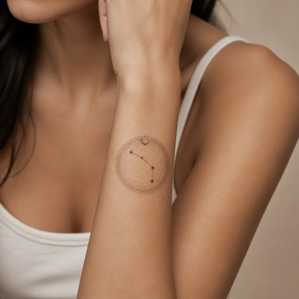 Aries constellation tattoo inside a fine dotwork circle with a stippled moon phase on a woman's forearm