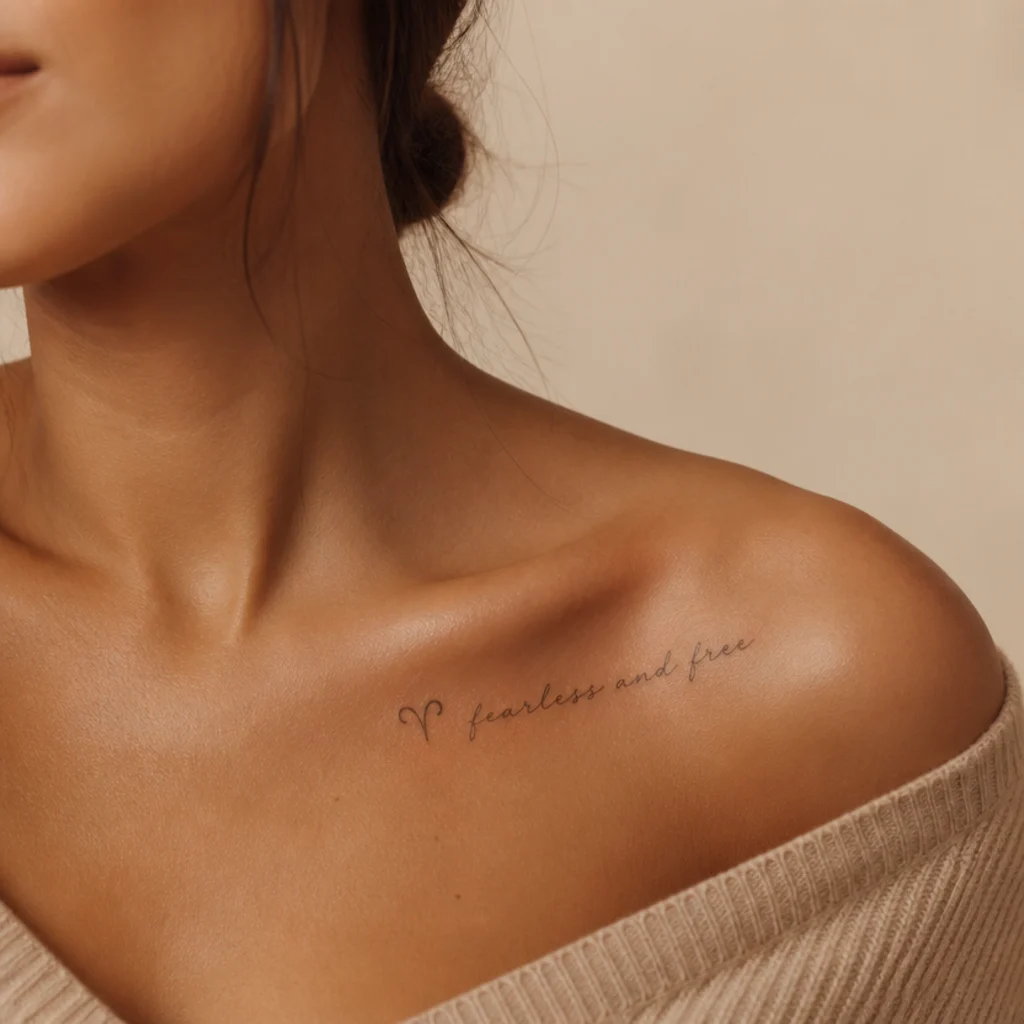 Aries glyph tattoo beside fine cursive script along a woman's collarbone in thin black lines