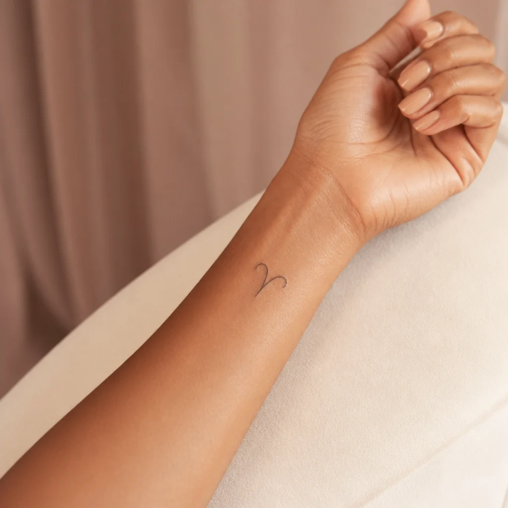 Fine-line Aries ram glyph tattoo on a woman's inner forearm, warm ivory studio backdrop