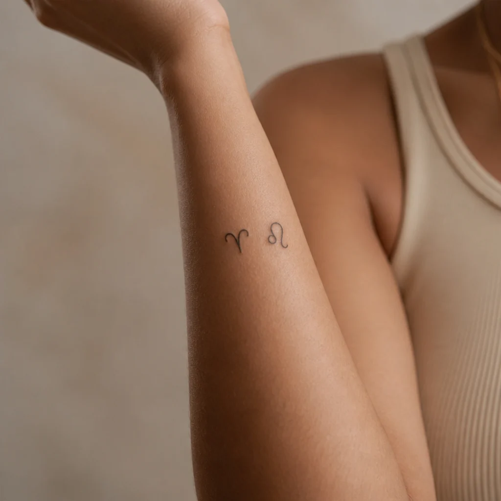 Close comparison of the angular Aries ram glyph beside a curling Leo lion glyph tattooed in thin black ink on light inner-forearm skin