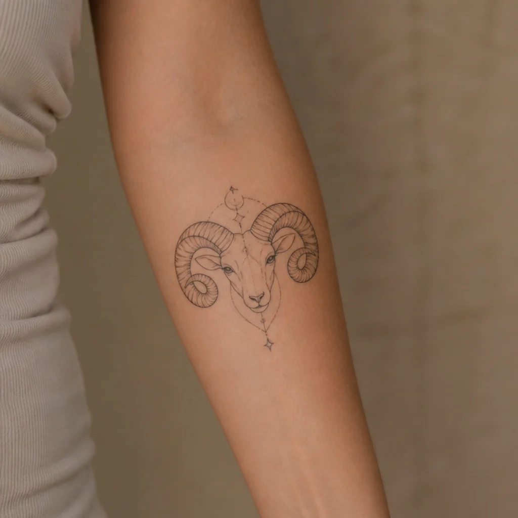Fine-line Aries ram head with spiraled horns in delicate single-needle black work on a forearm against a warm taupe background