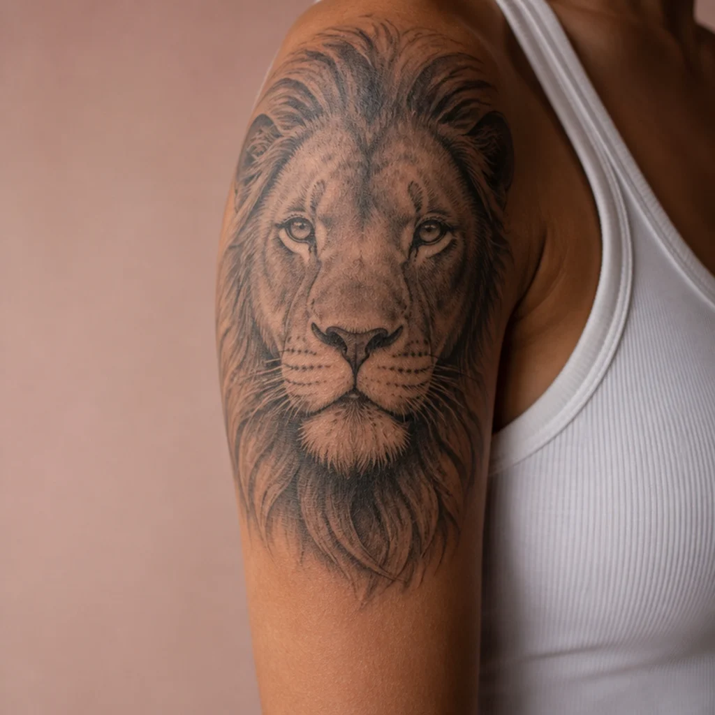 Detailed black-and-grey realistic lion portrait with textured mane and soft shading on an upper arm against a muted blush studio backdrop