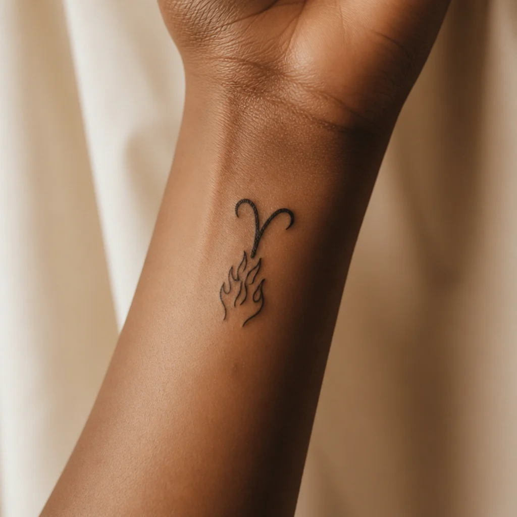 Stylized aries fire tattoo with the ram glyph rising from minimal black flame linework on a wrist against an ivory background