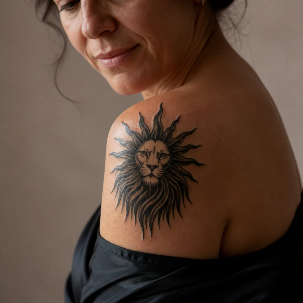 Leo sun disc with radiating rays merging into a stylized lion mane in bold blackwork on a shoulder against a warm neutral backdrop