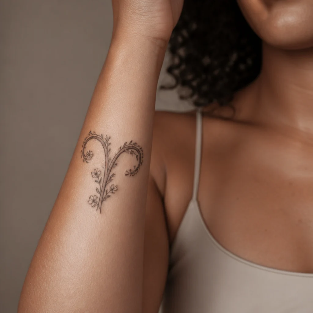 Aries flower tattoo pairing the ram glyph with fine botanical linework and small blossoms on an inner forearm against a taupe background