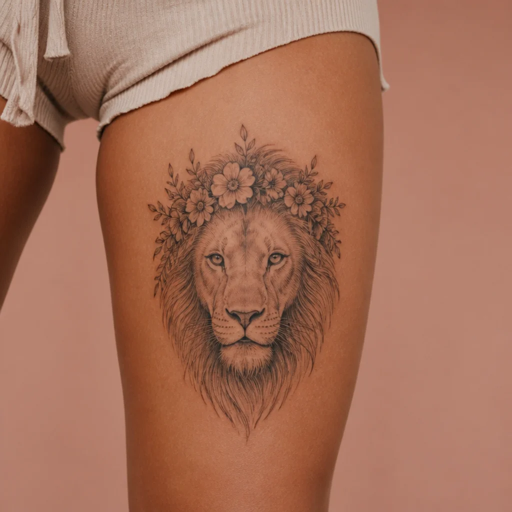Leo lion wearing a delicate floral crown in fine black linework with light stippled shading on a thigh against a muted blush backdrop