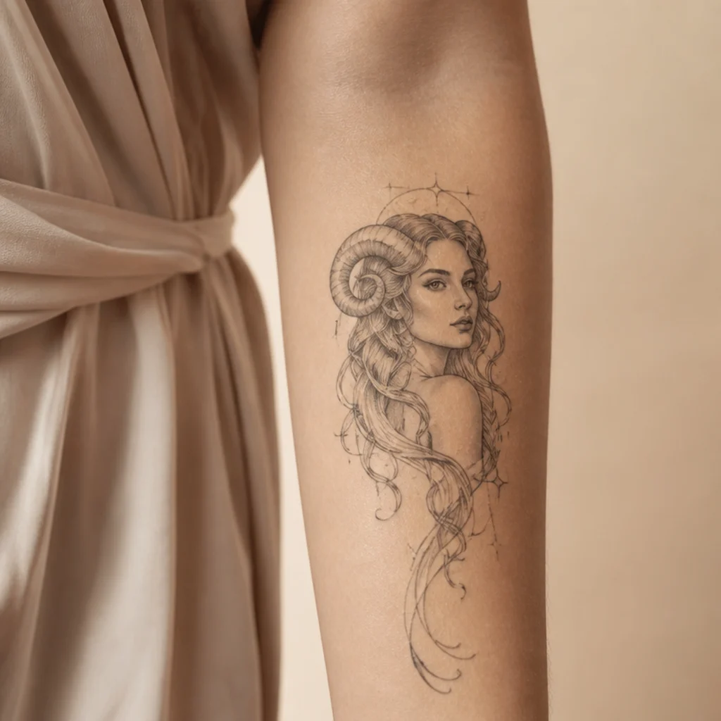 Aries goddess tattoo showing a female figure with subtle ram horns and flowing hair in fine black-and-grey linework on a forearm against an ivory background
