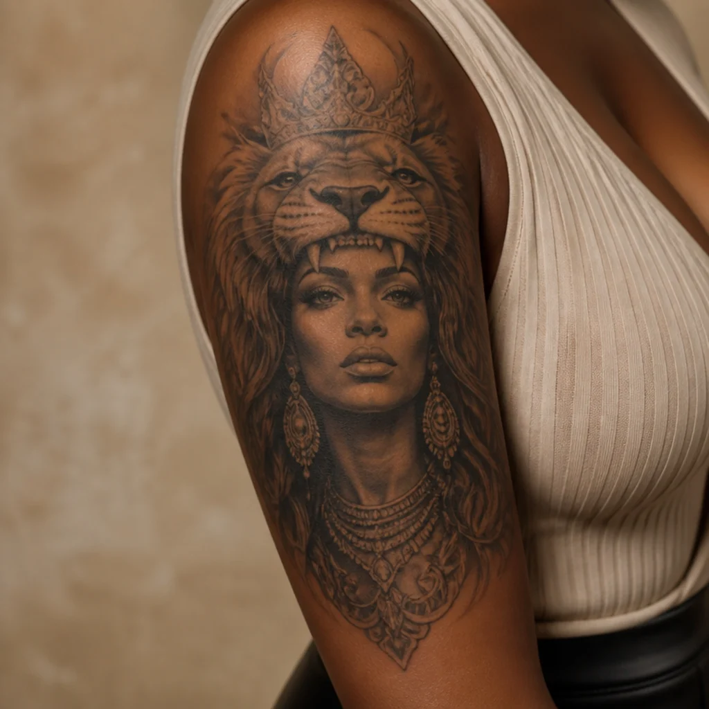 Leo queen figure with a lion headdress and ornamental crown in bold black-and-grey shading on an upper arm against a warm neutral backdrop