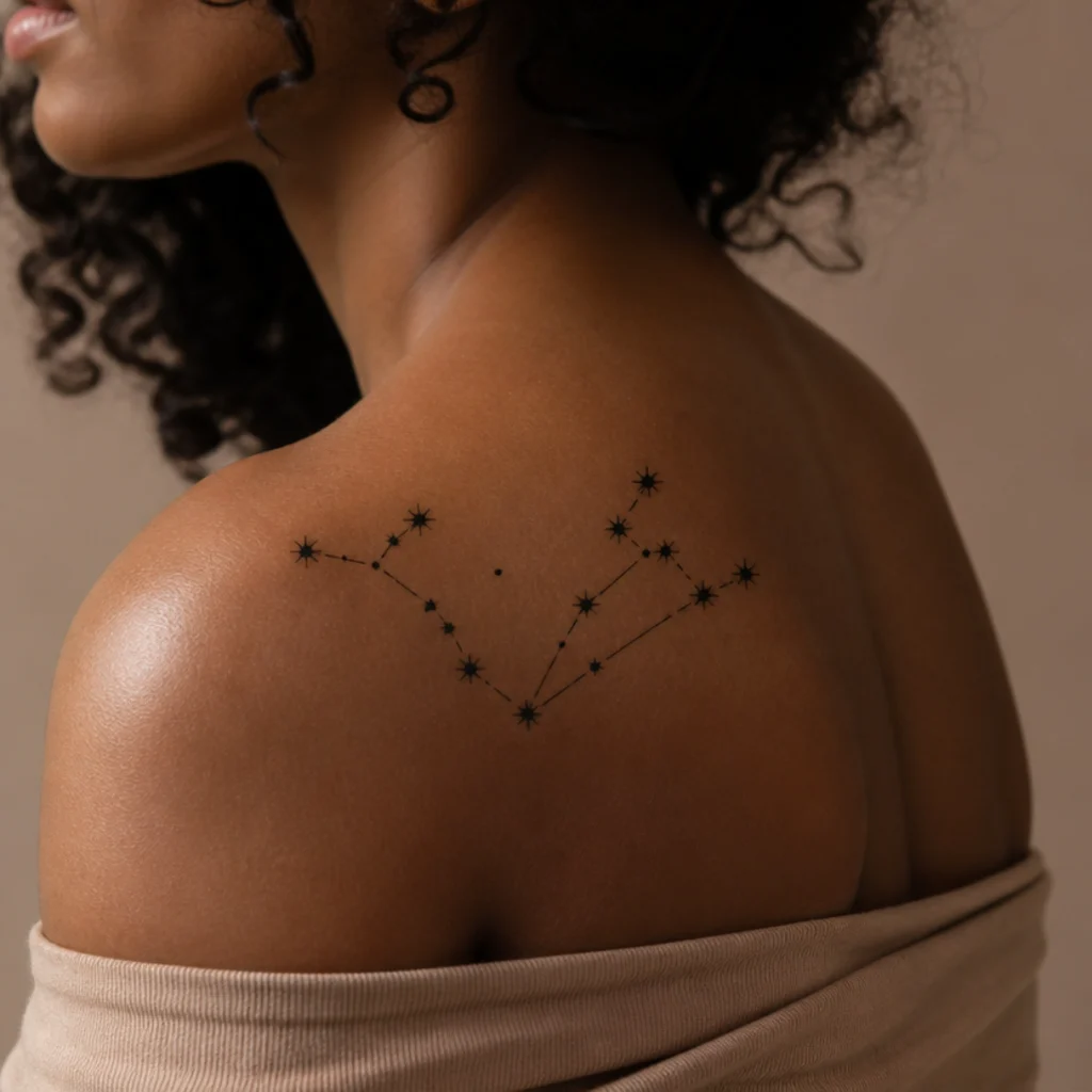 Side-by-side Aries and Leo constellations as fine dotted star maps with thin connecting lines in black ink on a shoulder against a taupe background