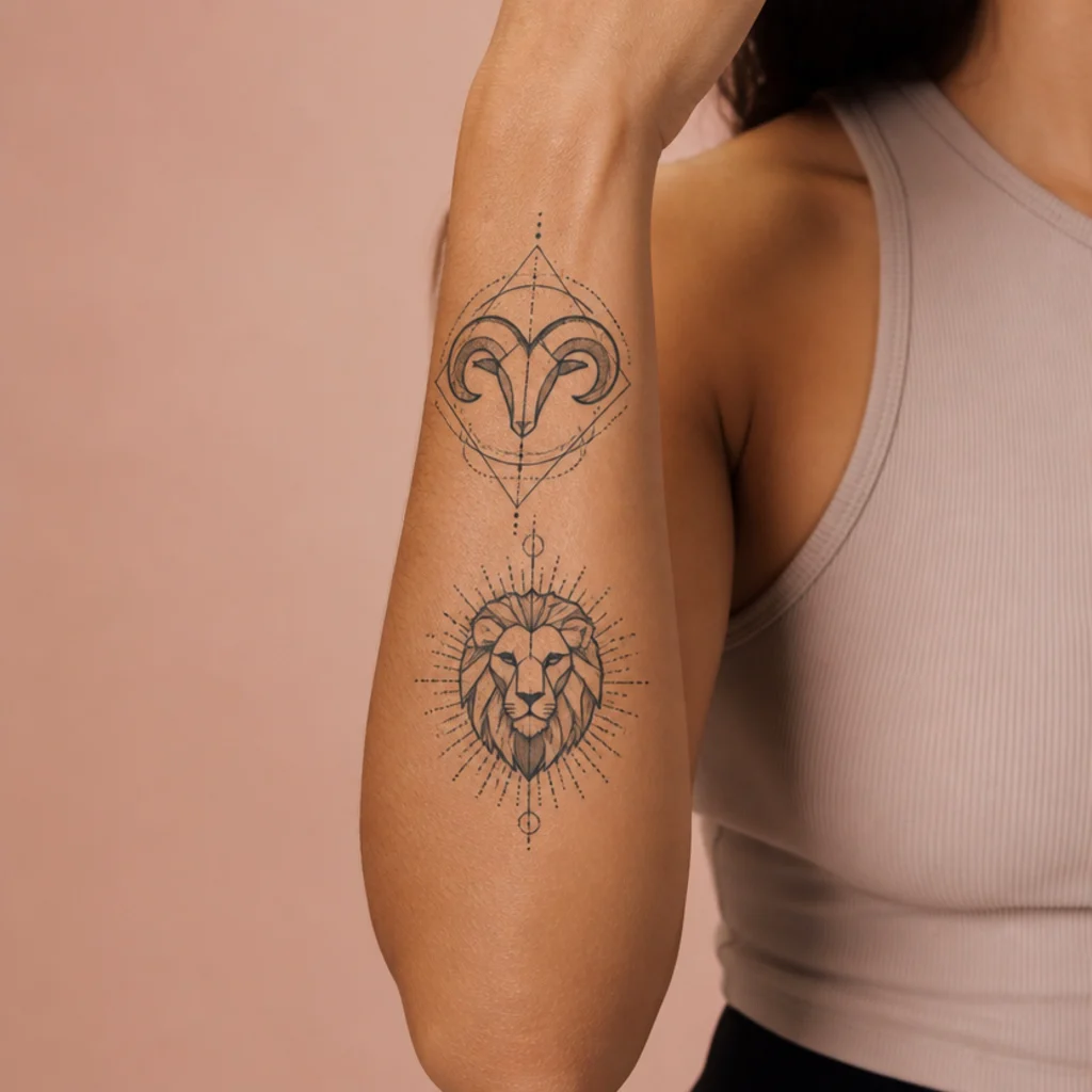 Geometric Aries and Leo glyphs built from bold black shapes and sacred-geometry linework on a forearm against a muted blush backdrop