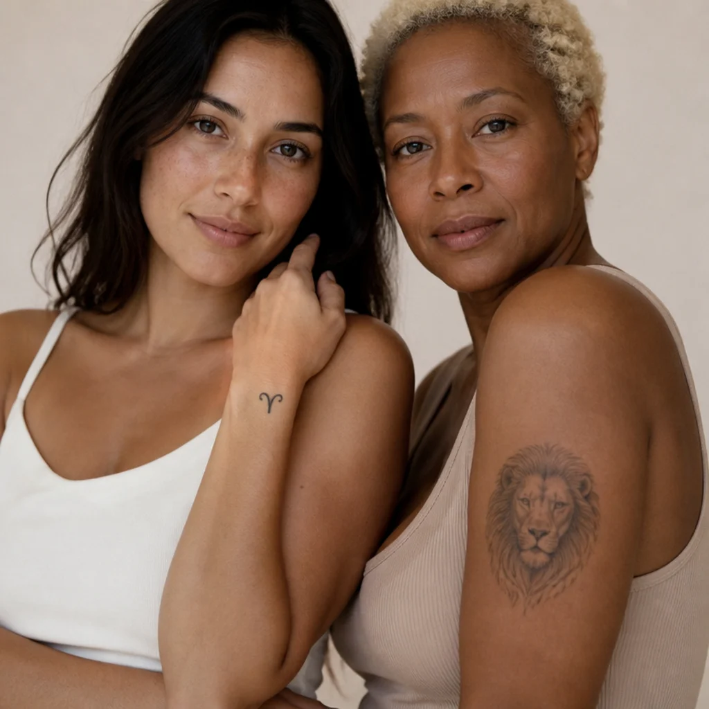 Illustrative placement map showing an Aries glyph on a wrist and a Leo lion on an upper arm across two models against an ivory studio background