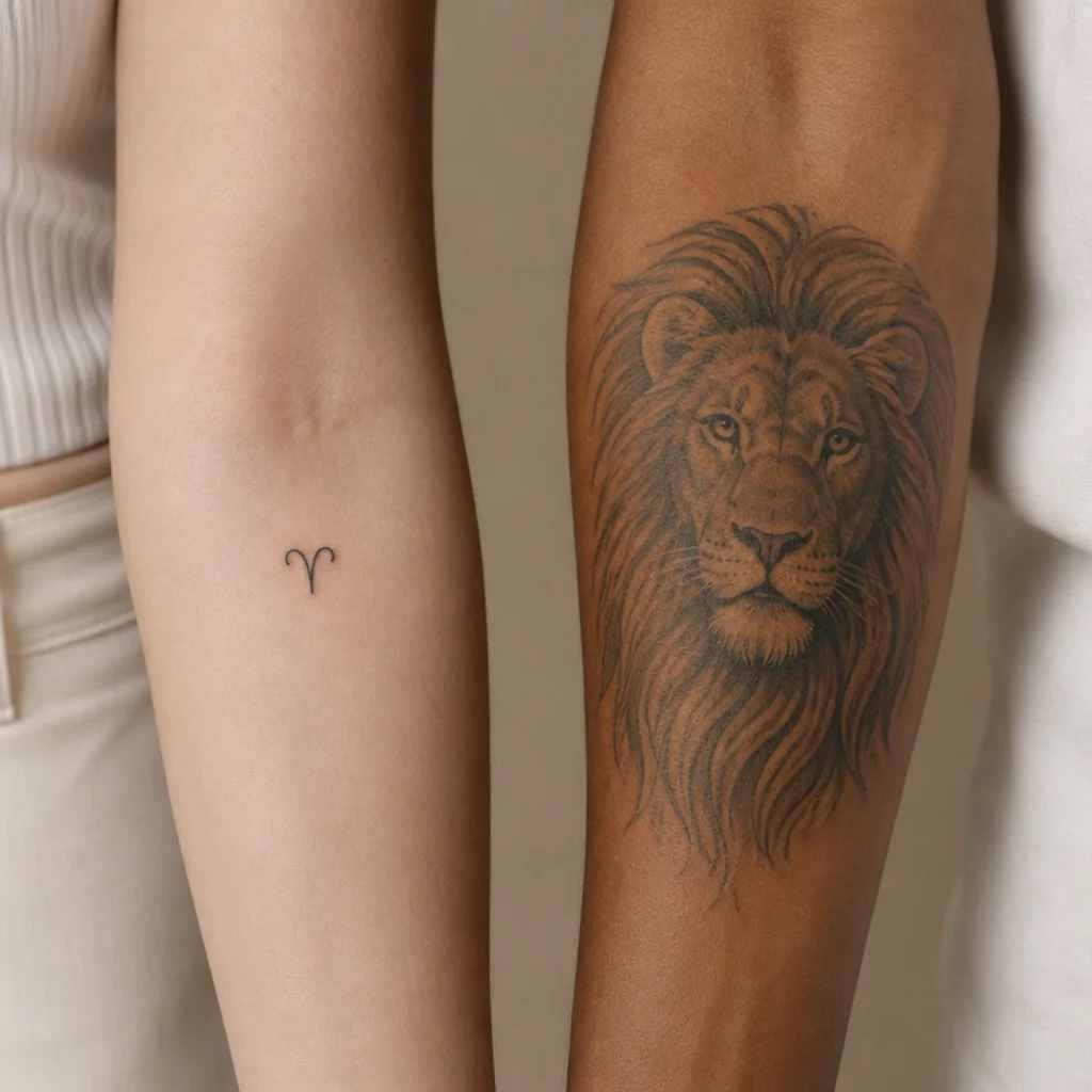 Comparison of a small minimalist Aries glyph beside a large detailed Leo lion on forearms of different skin tones against a warm taupe background