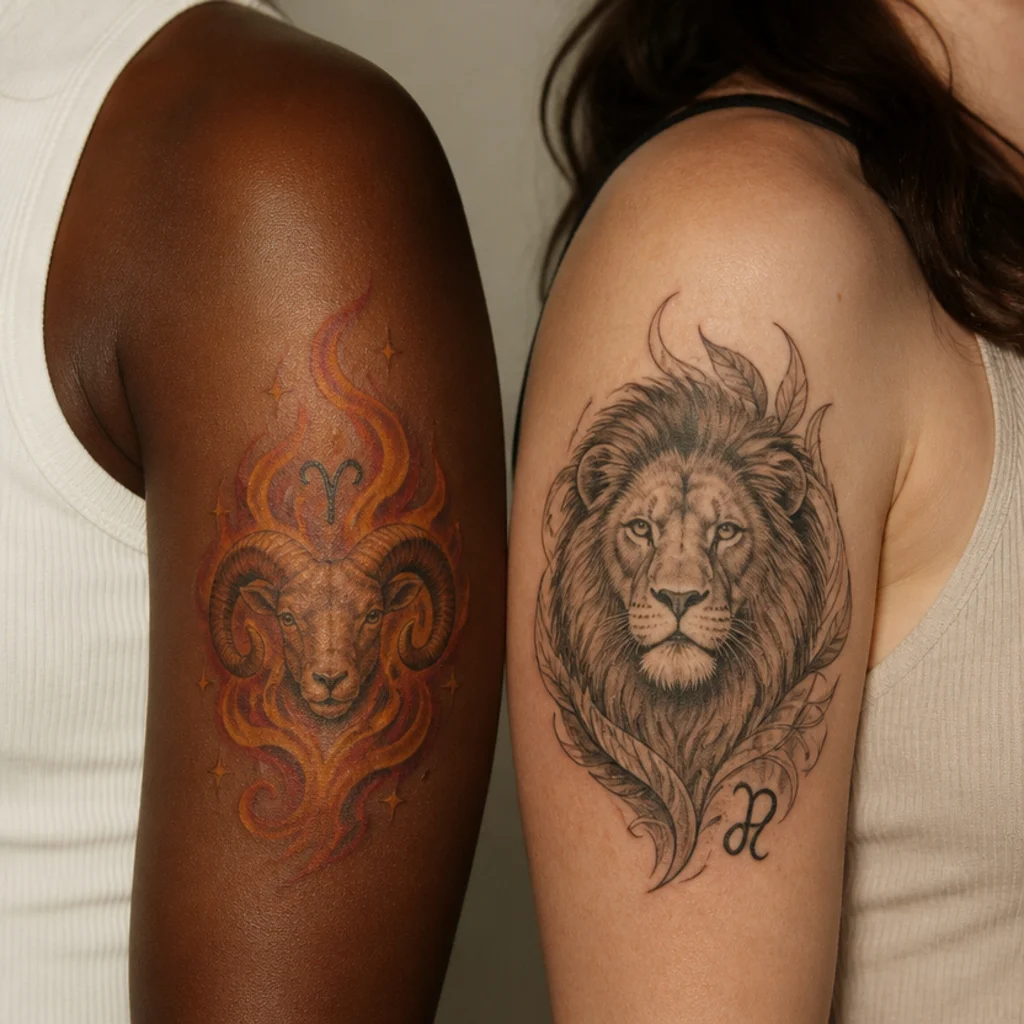 Split image of a color aries fire tattoo with orange flames beside a black-and-grey Leo lion on adjacent arms against a muted neutral backdrop