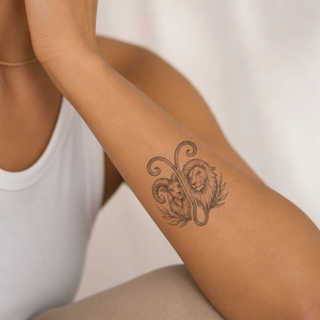 Combined tattoo blending the Aries ram glyph and Leo lion into a single crest with fine linework and soft shading on a forearm against an ivory background