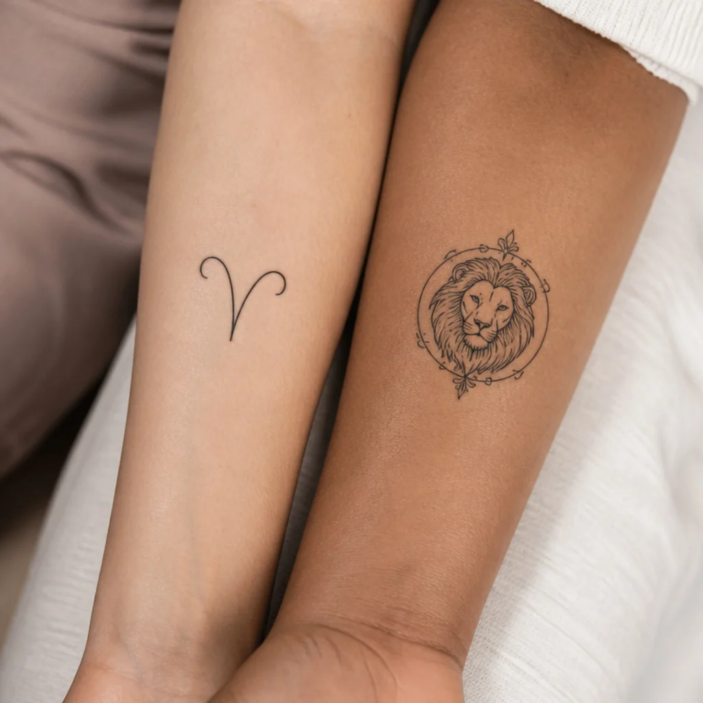 Two forearms side by side showing a fine-line Aries ram glyph and a bold Leo lion crest in black ink on warm ivory backdrop