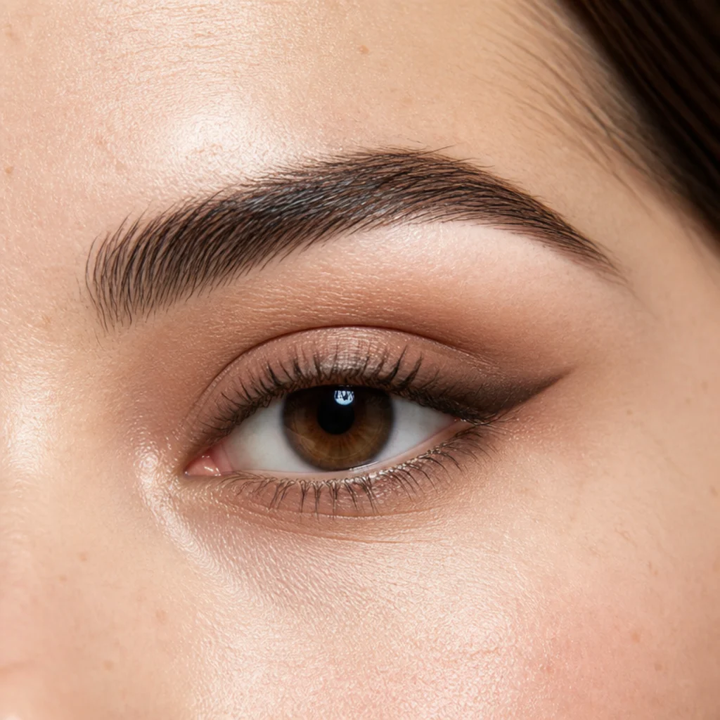 Close-up of a soft brown upward liner flick lifting the outer corner of an almond eye
