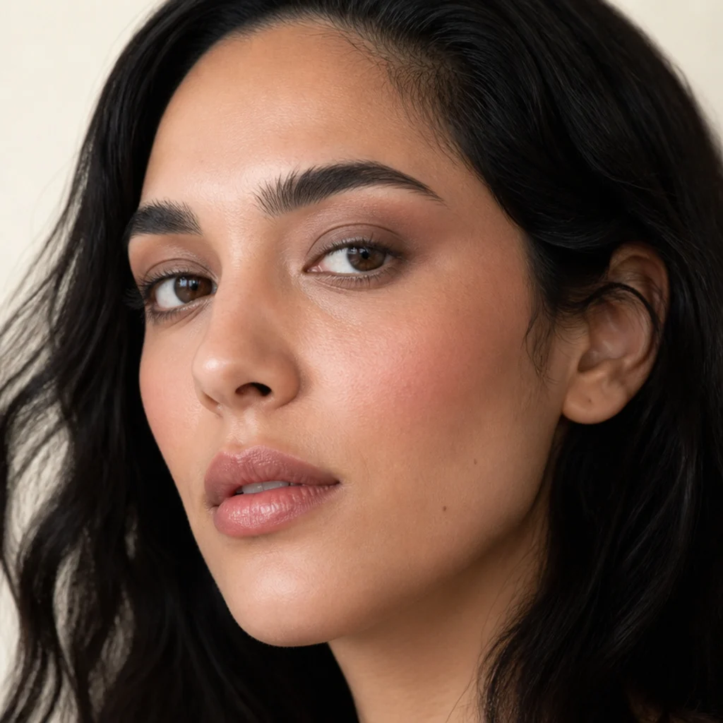Model wearing a soft taupe shadow wash blended up and out toward the temple for a lifted daytime eye