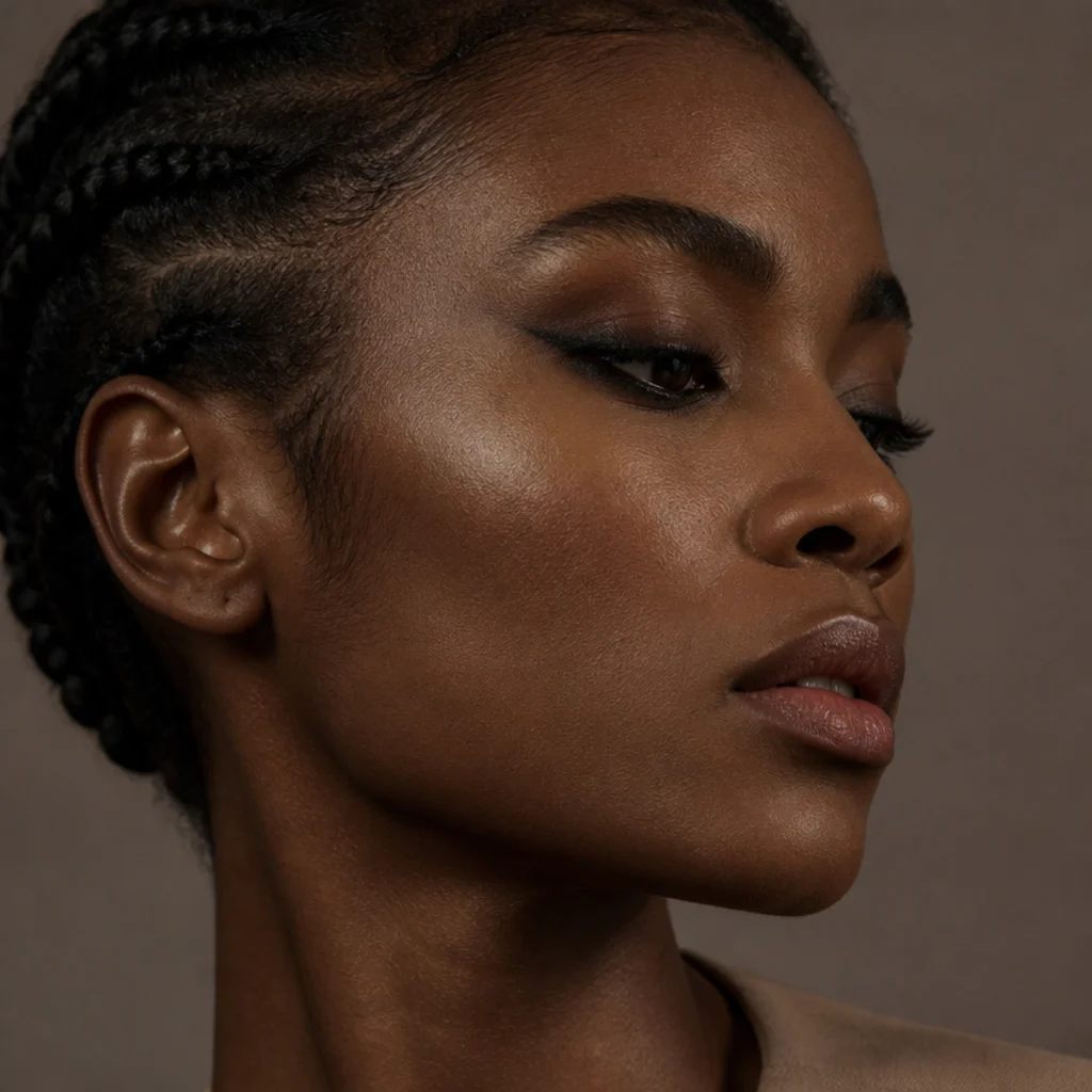 Side profile showing a smudged charcoal liner softly winged upward and diffused into the crease