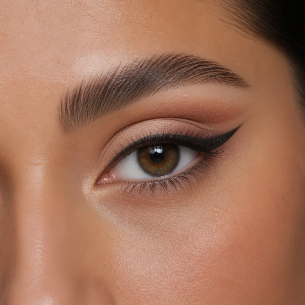 Almond eye with a subtle cut crease and a clean upward outer line adding structure