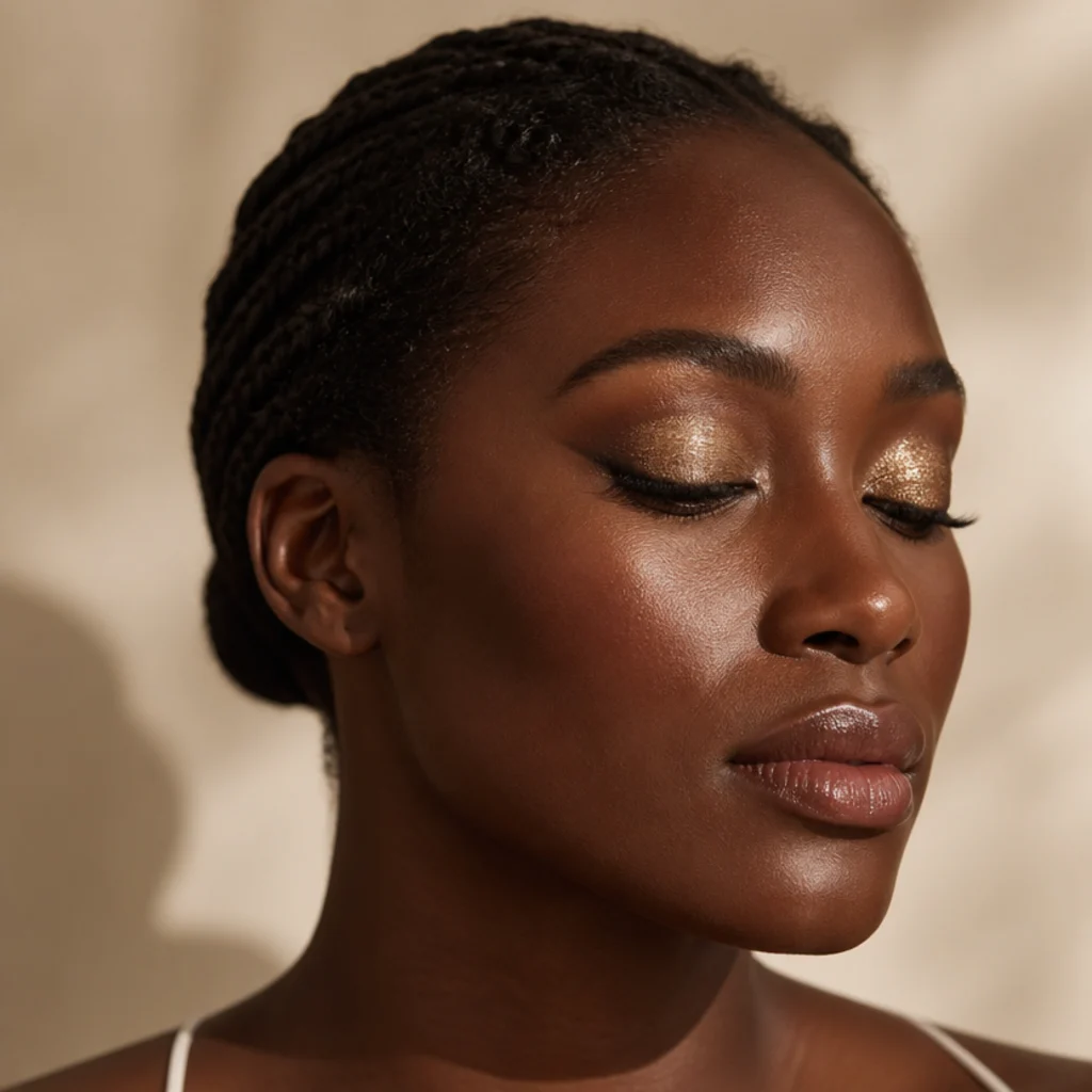 Model with sparkling gold glitter packed on the lid over a lifted foxy shadow shape