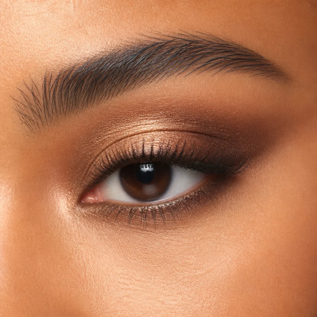 Round eye with bronze shadow concentrated in the center and lifted at the outer corner for a wide glow