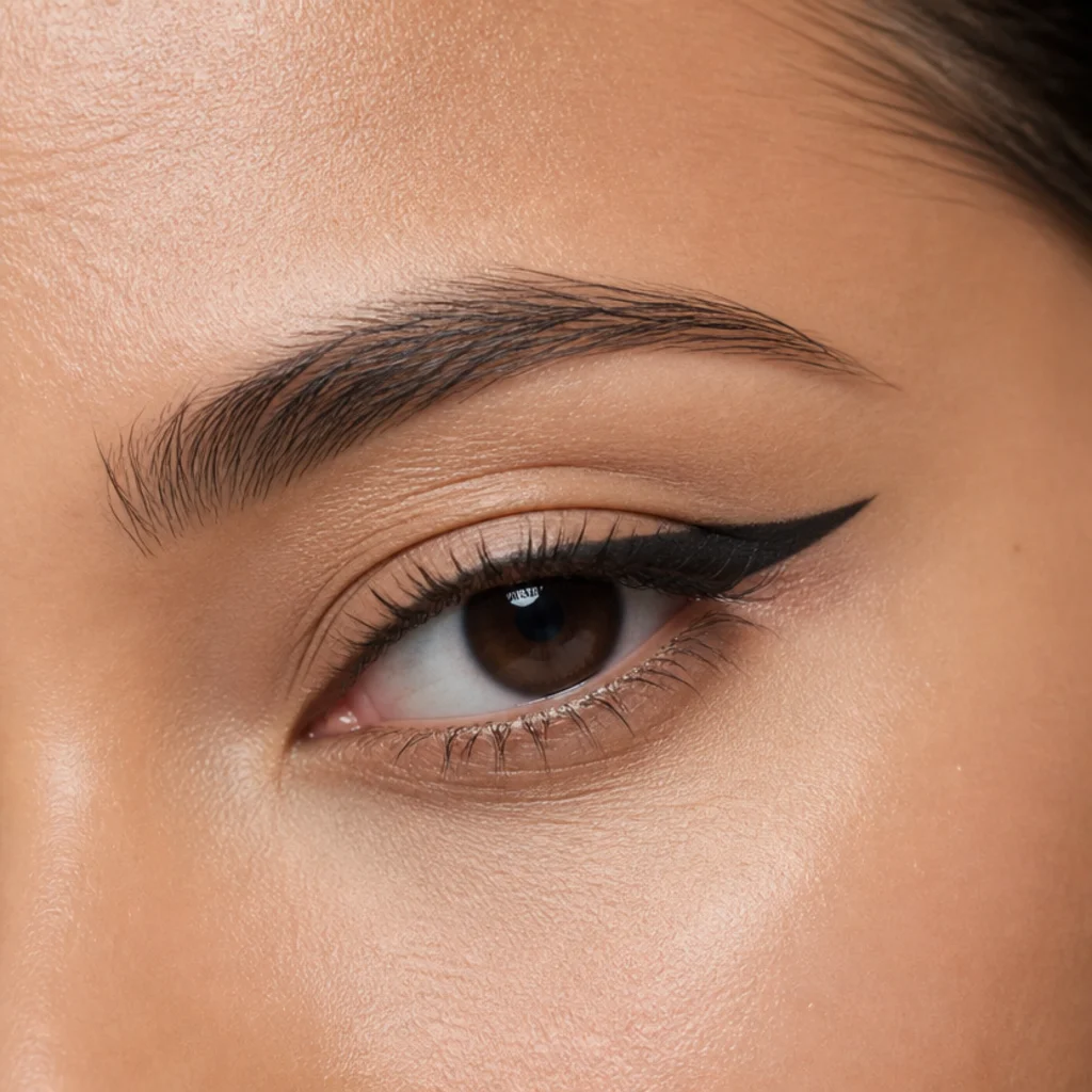 Hooded eye with liner drawn slightly above the natural crease so it stays visible when the eye is open