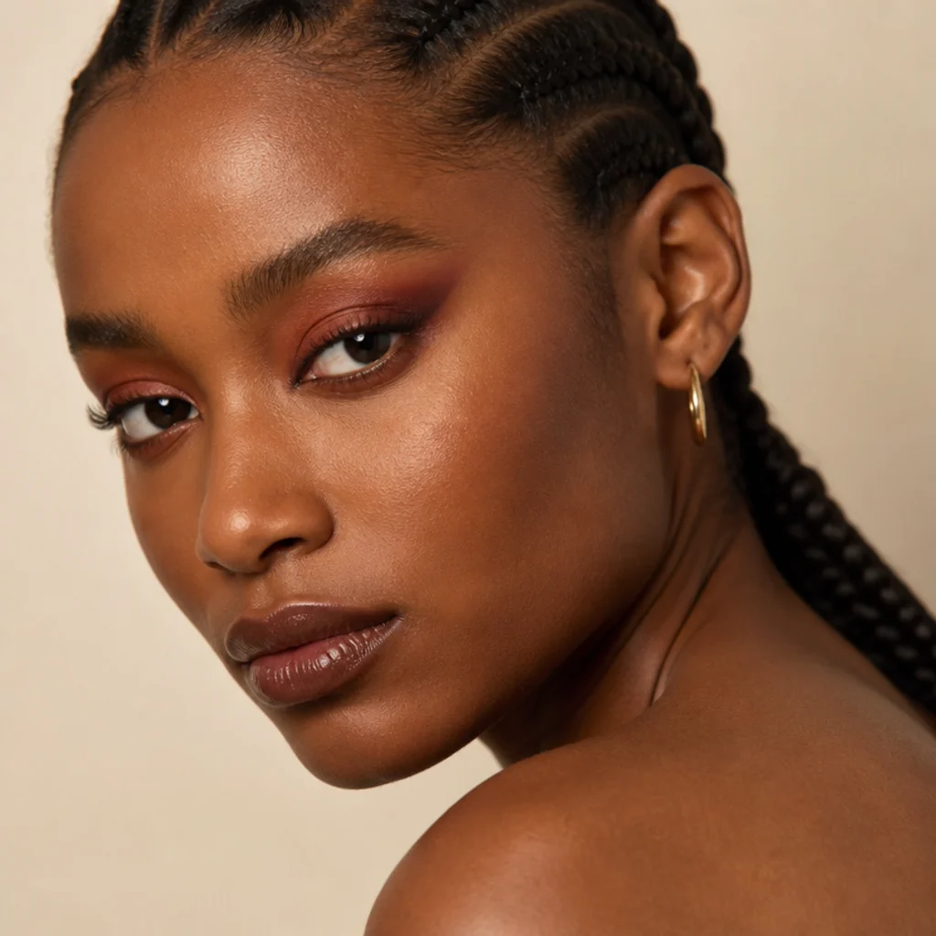 Model wearing warm terracotta shadow blended upward for a sunset-toned foxy eye