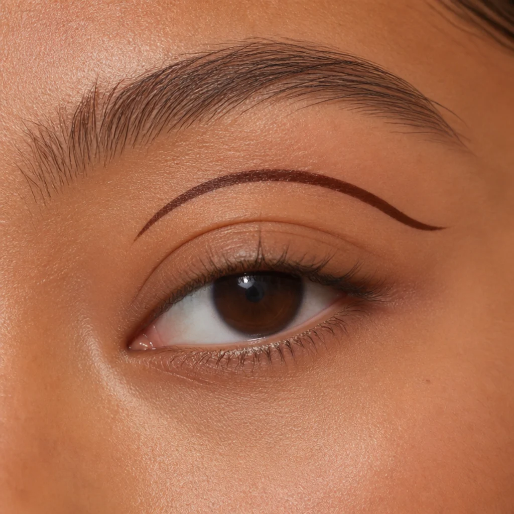 Almond eye with a floating graphic liner line drawn above the crease in a lifted arc