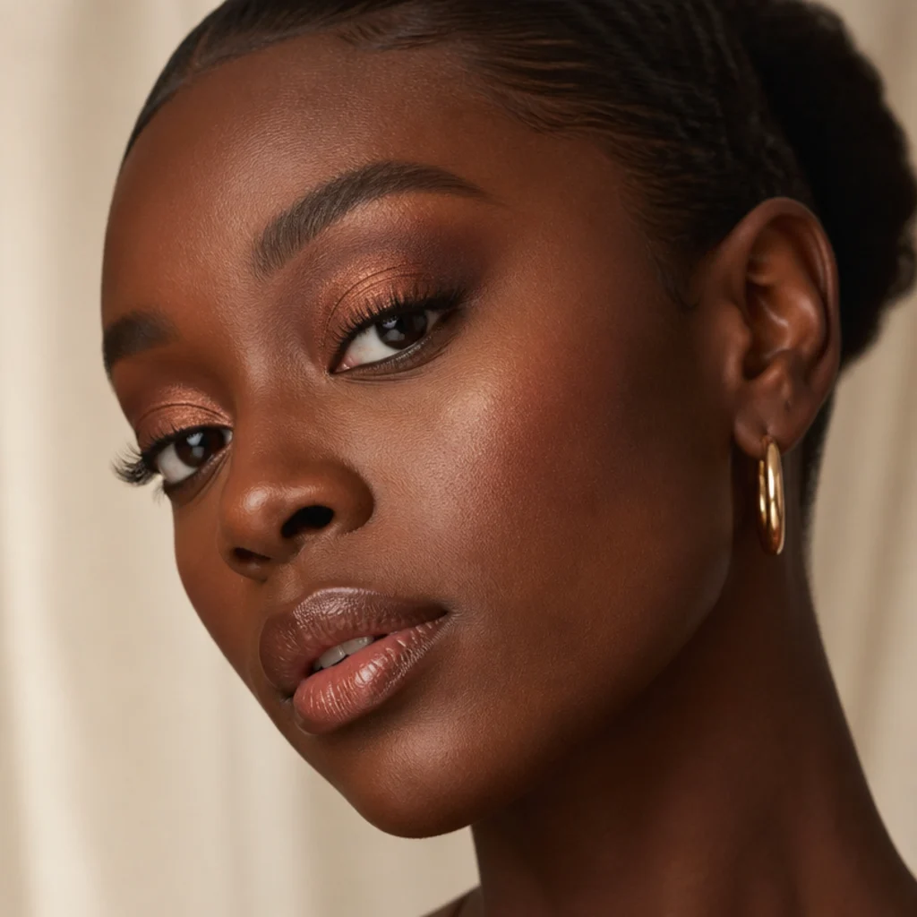 Deep-toned model with copper shimmer packed on the lid for bright, reflective big foxy eyes