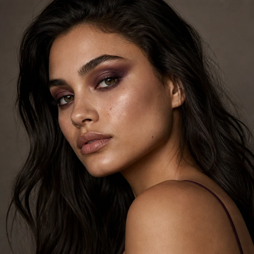 Model wearing a smoky plum foxy eye blended upward toward the brow tail for evening
