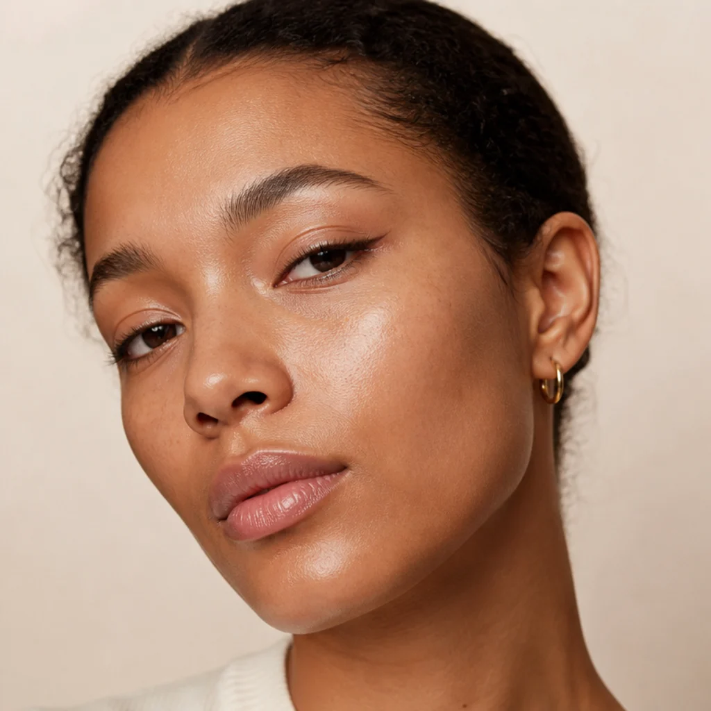 Bare-skin makeup look with only a thin lifted liner and glossy lids defining the outer corner