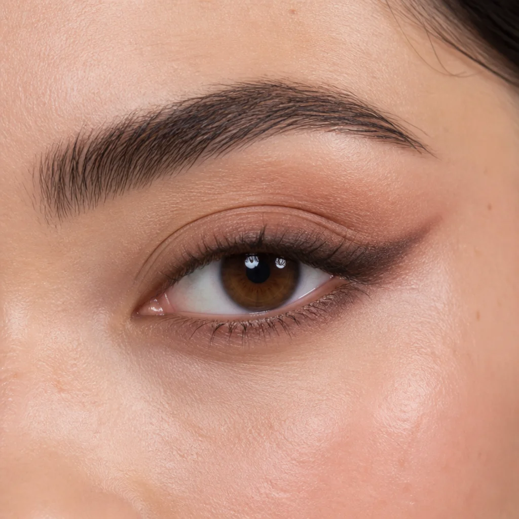 Almond eye with soft shadow smudged along the outer lower lash line to extend the lifted V
