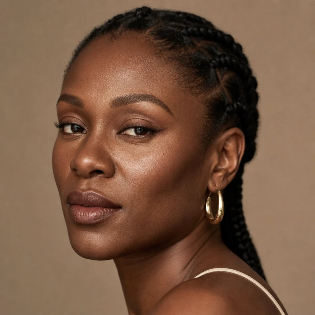 Model wearing a neutral matte foxy eye suited to daytime, office and everyday wear