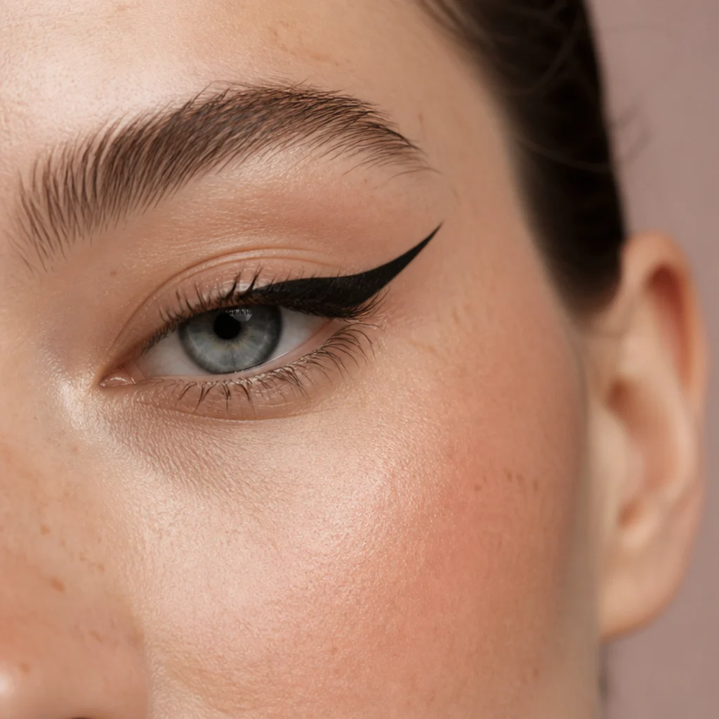 Almond eye with a sharp, elongated black liquid wing pulled toward the brow tail