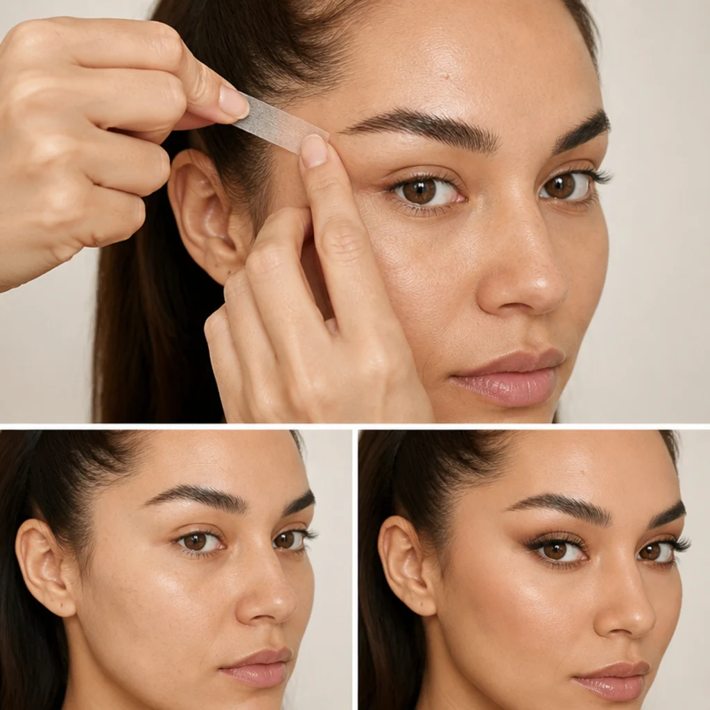 Model demonstrating discreet cosmetic temple taping hidden under the hairline to lift the outer eye
