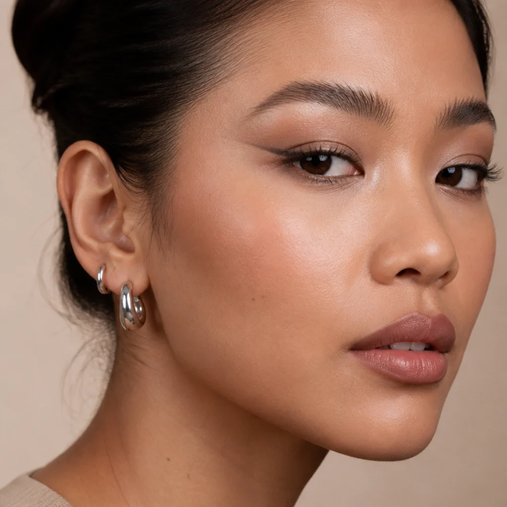 Three-quarter view of a model with a lifted foxy eye, soft taupe shadow and a sleek upward wing
