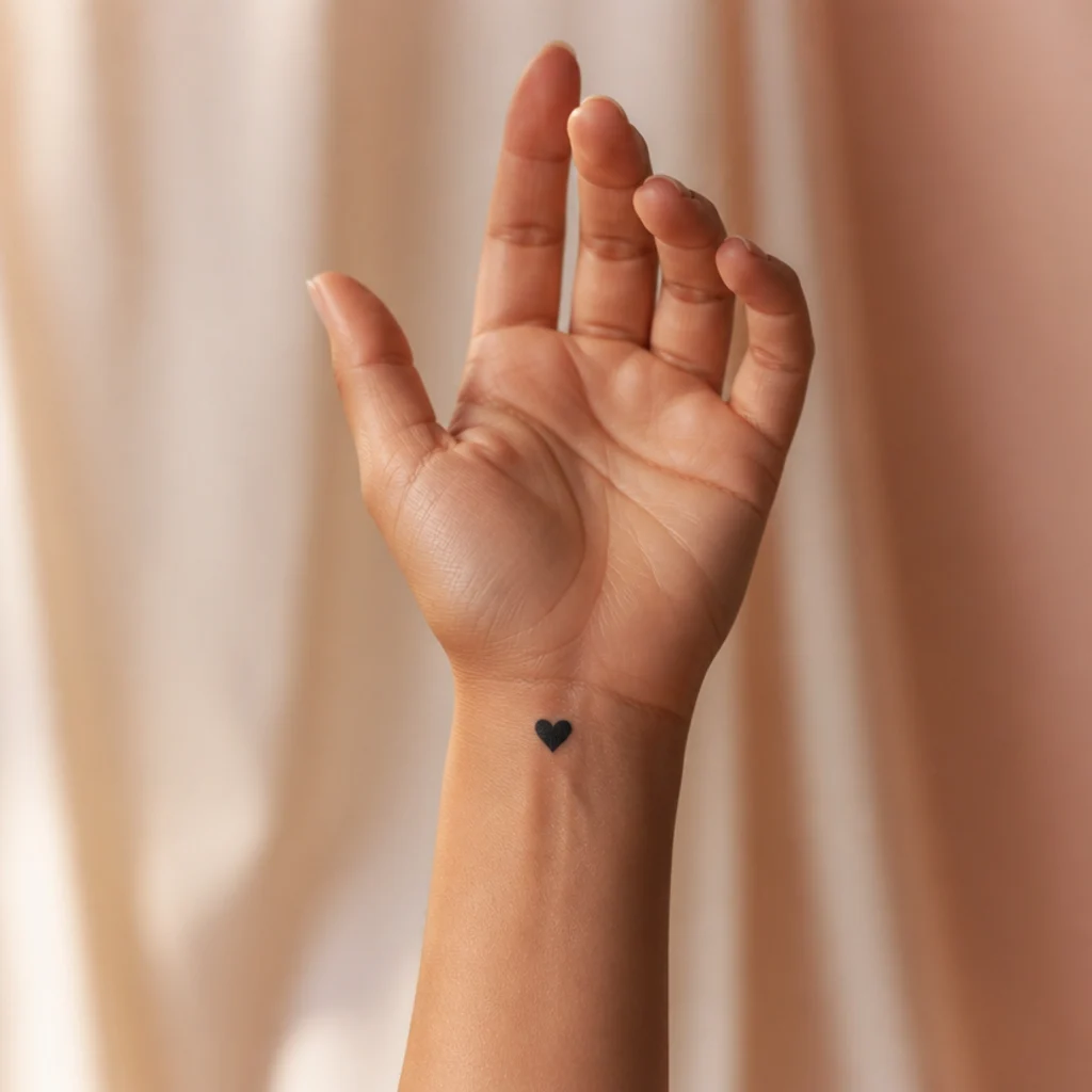 Delicate solid black heart cover-up tattoo softening a tiny faded mark on a woman's inner wrist
