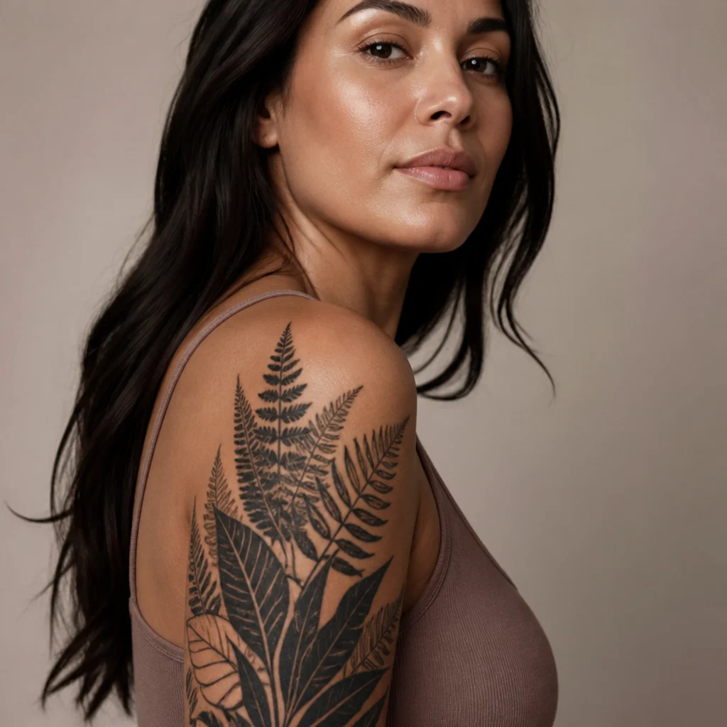 Blackwork botanical panel of bold leaves and stems concealing an older tattoo on a woman's upper arm