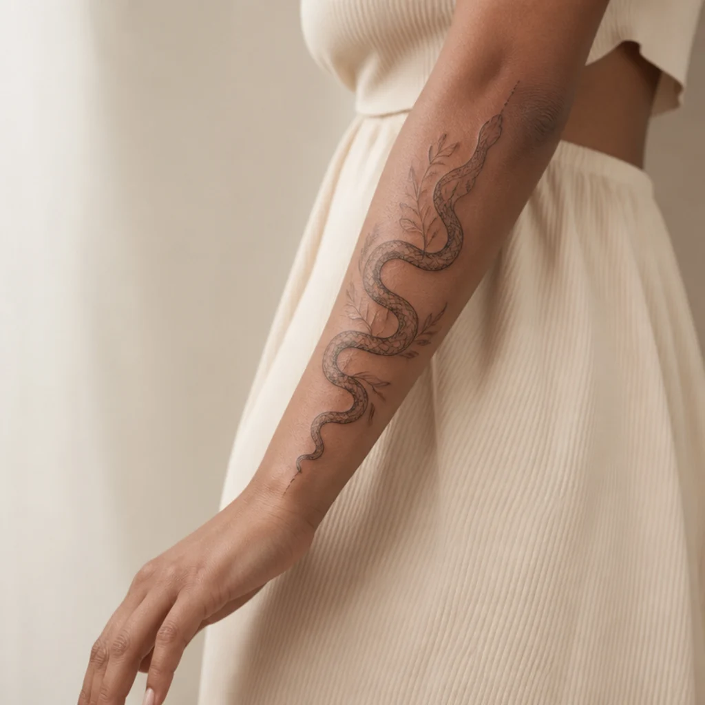 Fine-line black snake tattoo winding down a woman's forearm to disguise a faded design