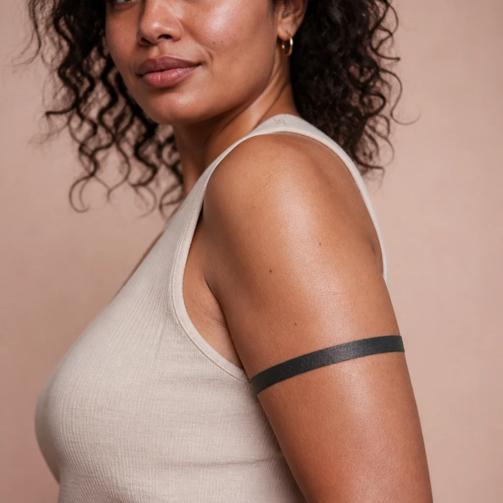 Solid black armband tattoo fully covering old lettering on a woman's upper arm