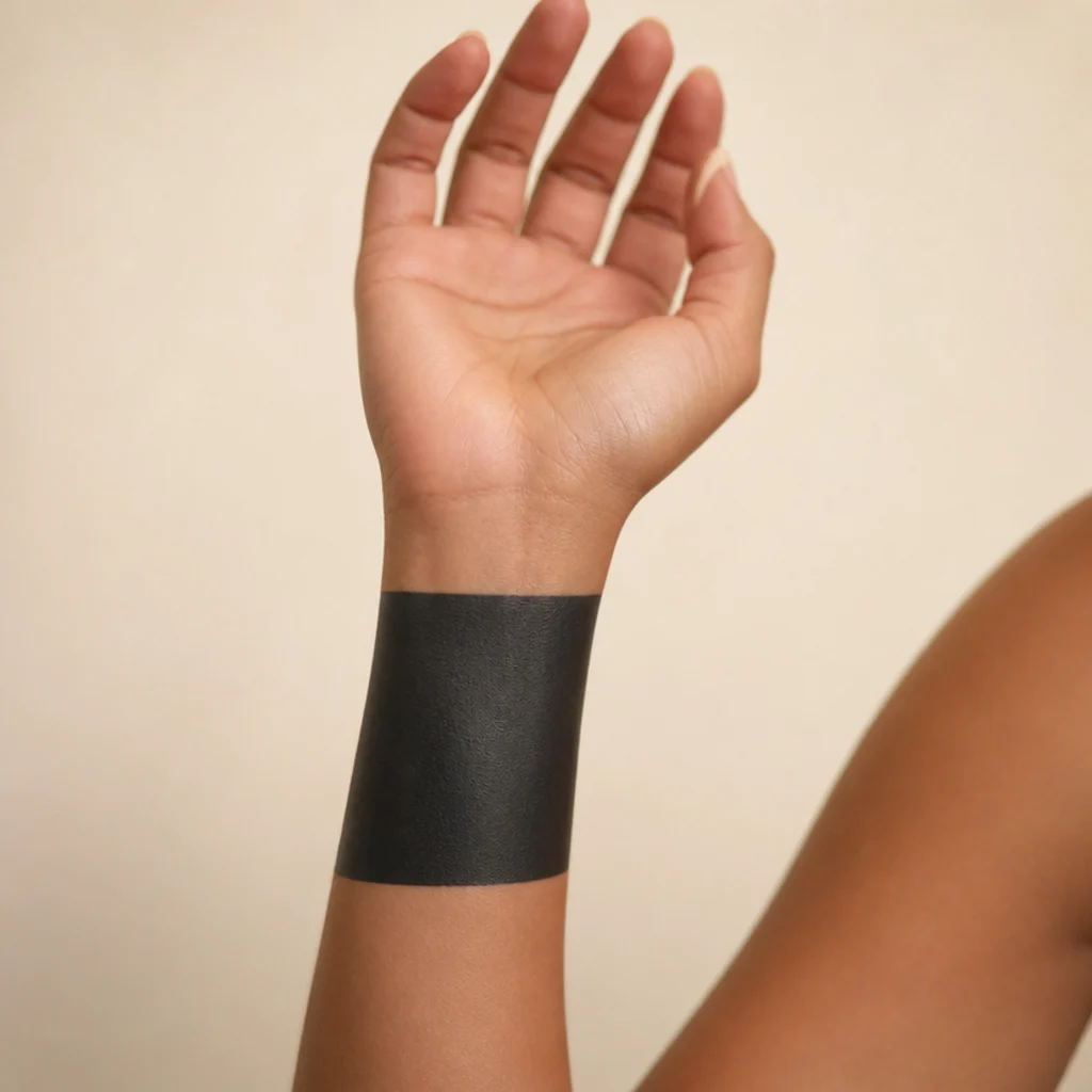 Blackout cuff of solid black ink wrapping a woman's wrist to bury older markings