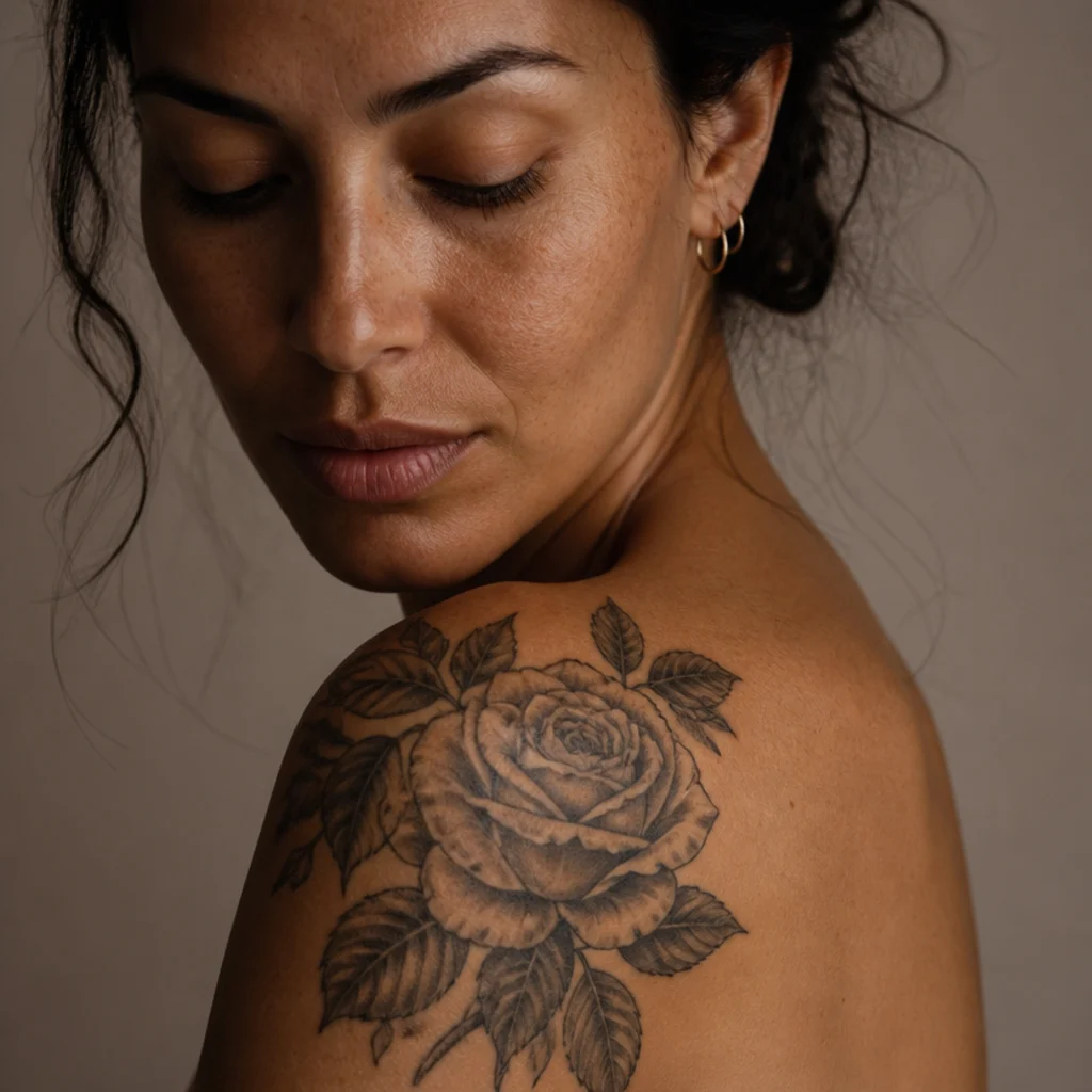 Black-and-grey rose cover-up tattoo blooming across a woman's shoulder cap