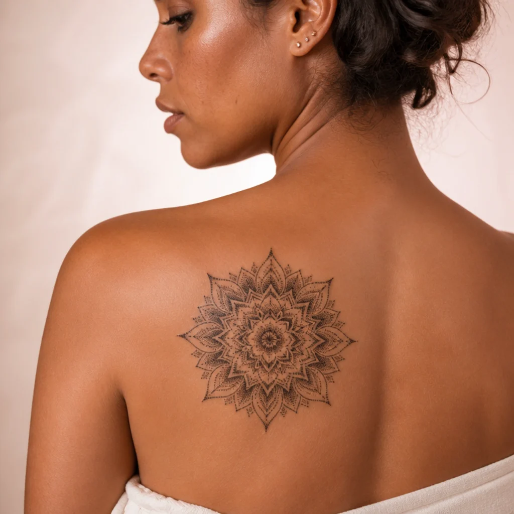 Symmetrical black dotwork mandala tattoo softening a scar on a woman's shoulder blade