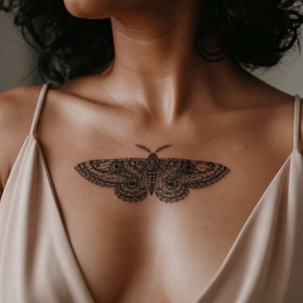 Detailed black moth cover-up tattoo centered symmetrically on a woman's sternum