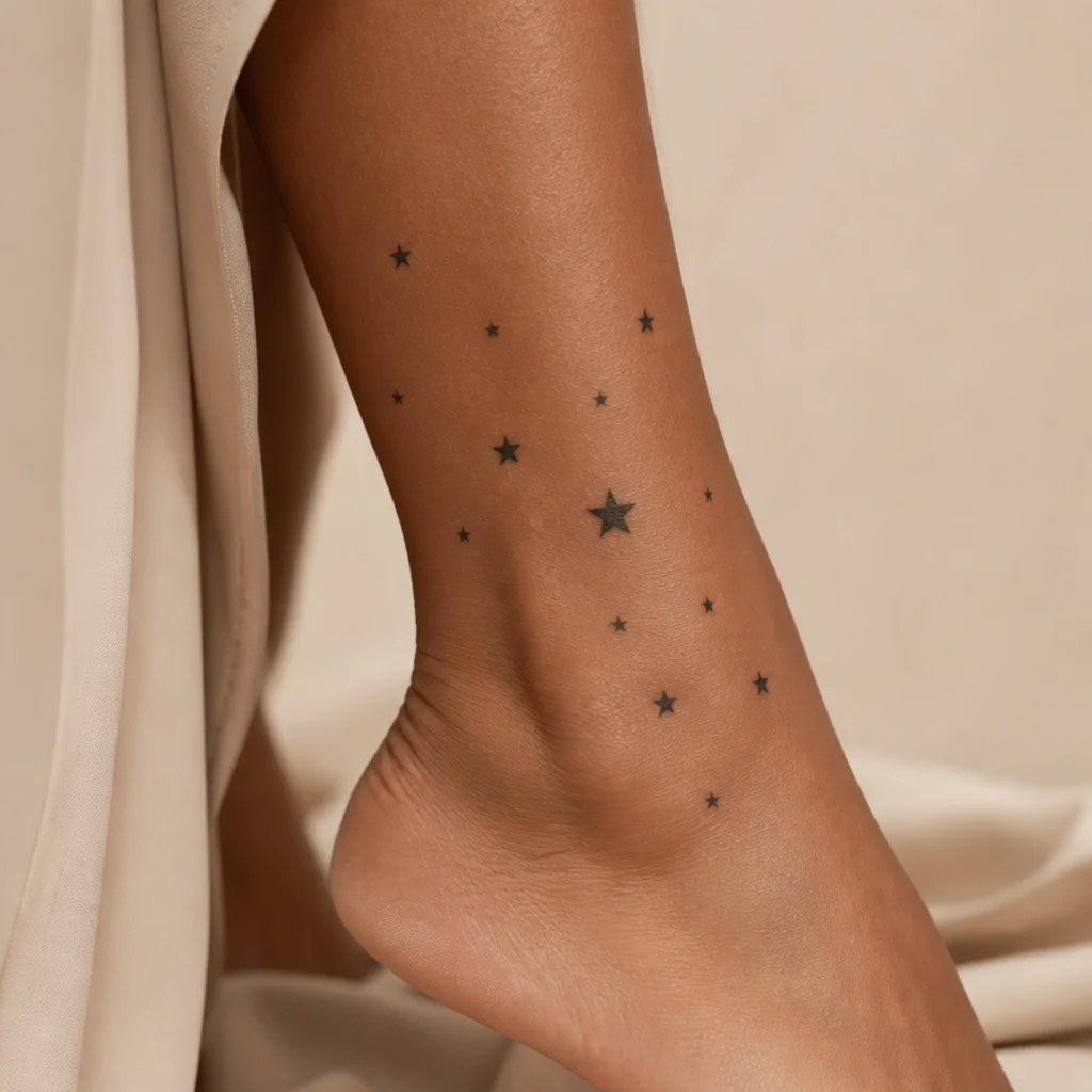 Cluster of small solid black stars covering a faded design on a woman's ankle