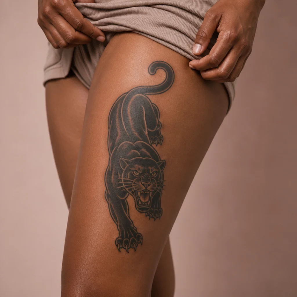 Neo-traditional black panther cover-up tattoo with heavy solid fill on a woman's outer thigh