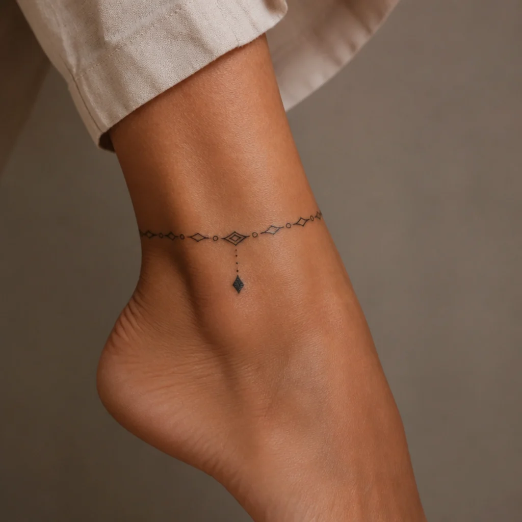 Delicate black ornamental chain tattoo circling a woman's ankle over an older mark