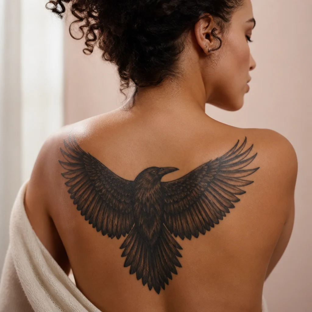Large blackwork raven cover-up tattoo with outstretched wings across a woman's upper back